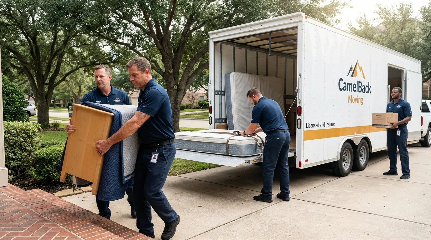 Crew loading residential truck for cross-state move from Coalinga, CA