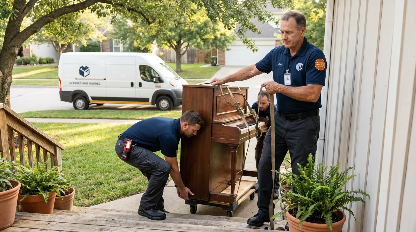 Licensed piano movers securing grand piano in Coalinga, CA