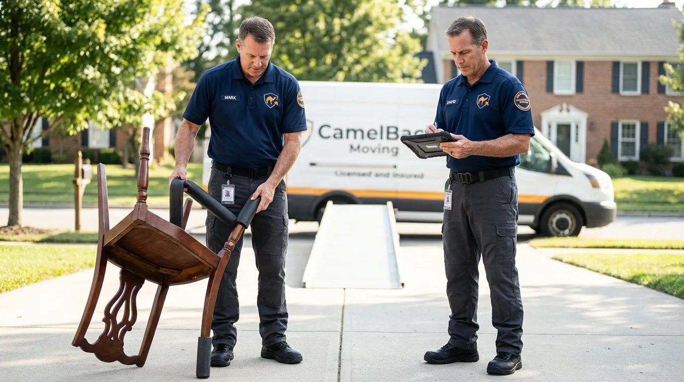 Movers inspecting furniture for damage prevention before loading in Coalinga, CA